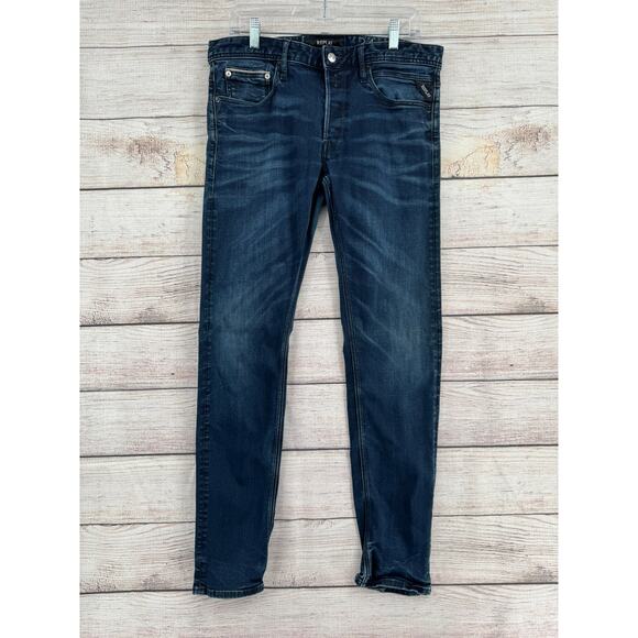 Replay Anbass Hyperflex M914Y Straight Leg Jeans Mens 32x30 Blue Dark Wash Denim - Picture 1 of 12